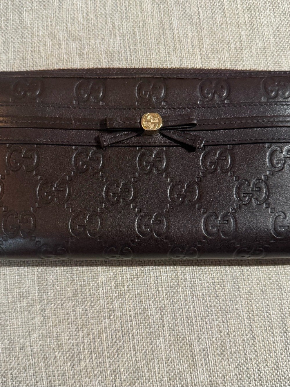 Gucci Dark Brown Embossed GG Leather Continental Wallet with Gold Button